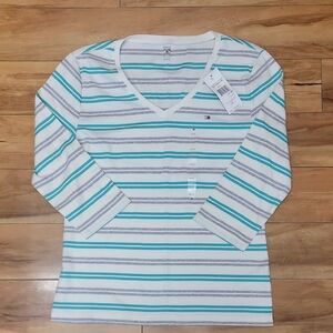 Tommy Hilfiger Size XL Women's 3/4 Sleeve Striped Top Teal/Grey/White NWT